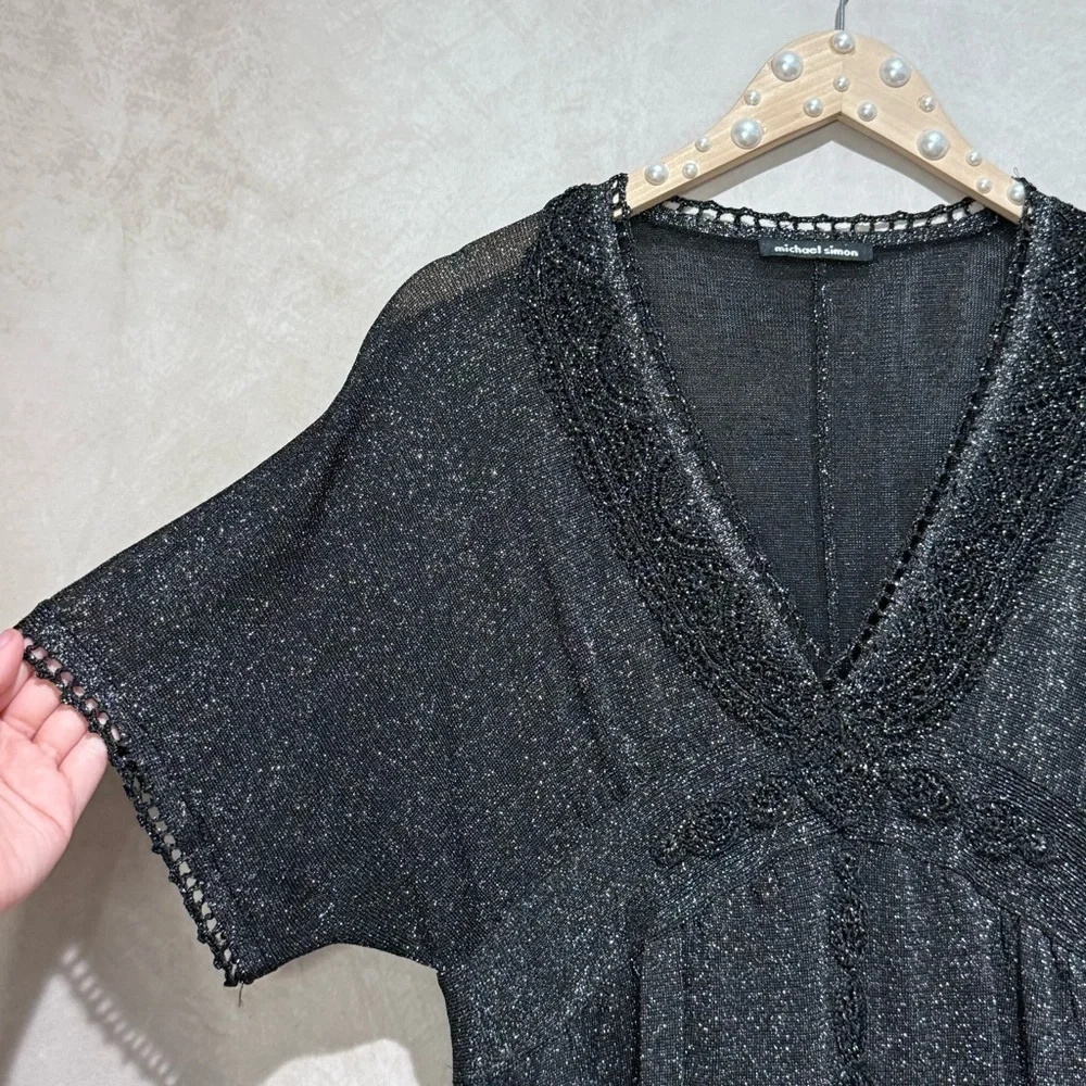 Michael Simon Vintage Black Gold Lurex Blouse, Whimsigoth 90s/Y2K Glam Holiday - Picture 5 of 15